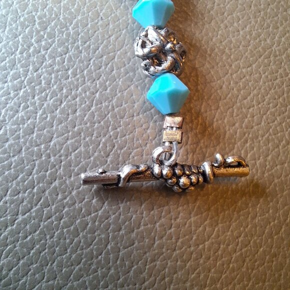 Vintage Turquoise Silver Bead Necklace Leaf Toggle Clasp 16 Inch Costume - Picture 8 of 13